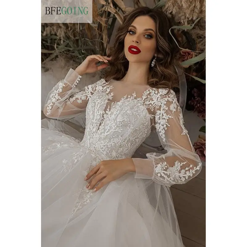 Luxurious Ivory Lace Appliques Tulle Long Sleeves Floor-Length Princess A-Line Wedding Gowns Custom Made Bridal Dresses