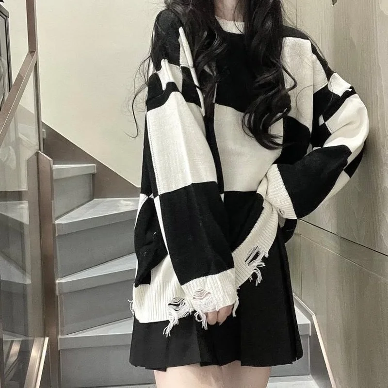 Plaid Sweaters Women Chic Hollow Out BF Harajuku Loose Long Sleeve Schoolgirls Pullover All-match Autumn Stylish Teens Knitwear