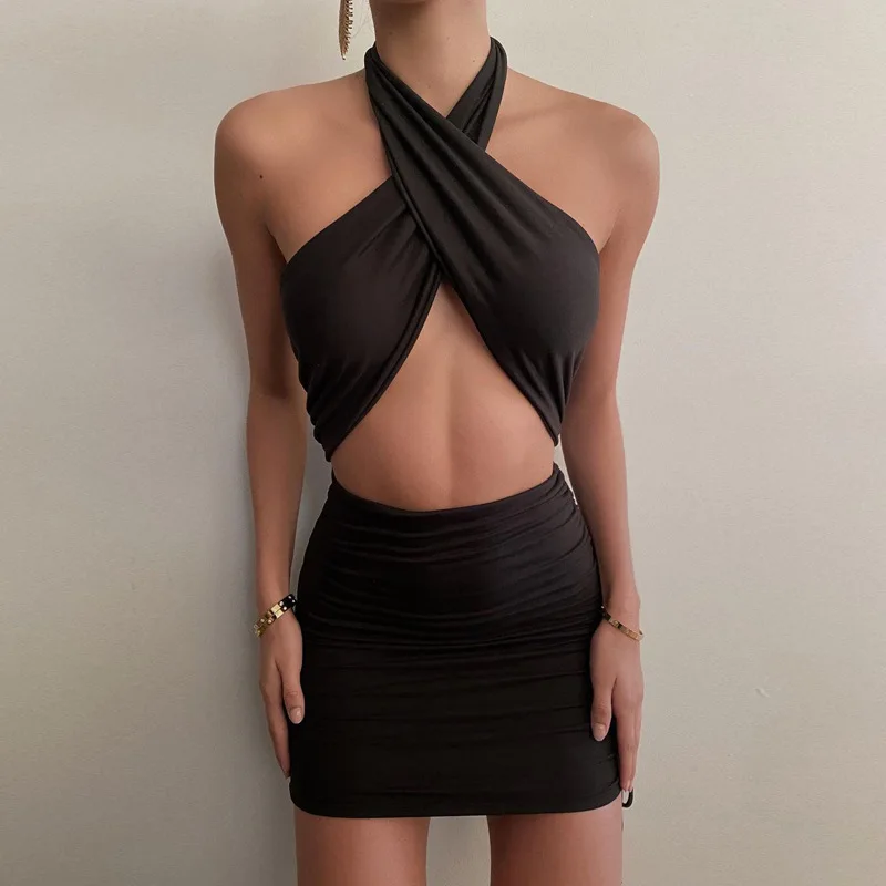 Bandage Halter Solid Pleated Mini Dress Women Summer Party Clubwear Drawstring Little Cleavage Bodycon Backless Stacked Skirt