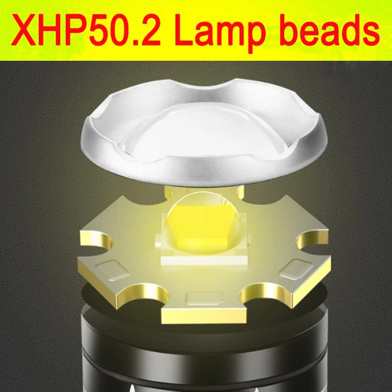 強力なLEDヘッドランプxhp50.2,防水,釣り,キャンプ,懐中電灯,充電式,18650,ズーム,3モード