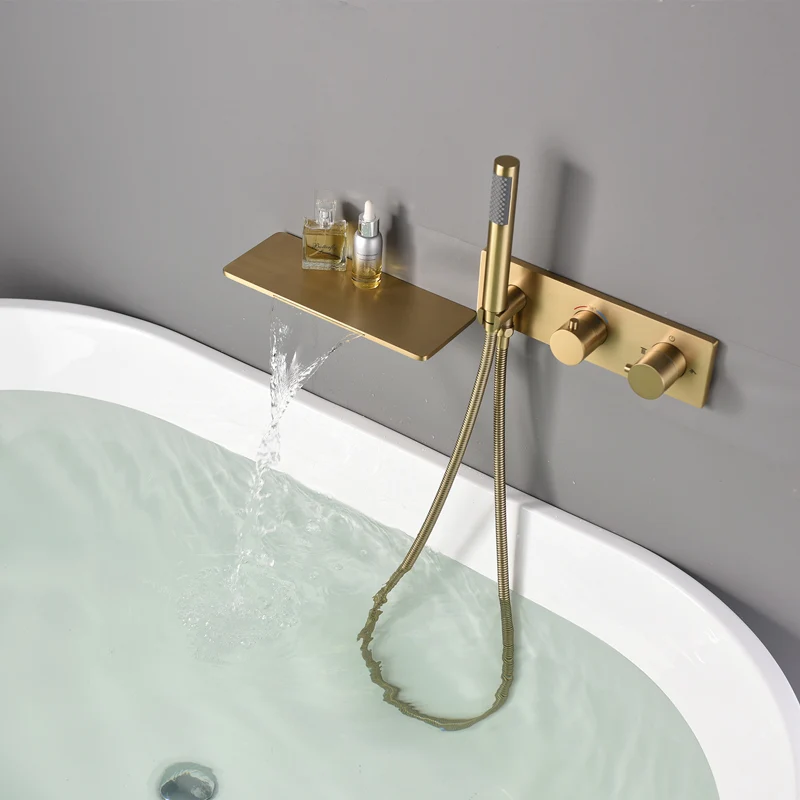 

Top quality brass bathtub faucet set Wall mounted Thermostatic copper shower faucet set Waterfall and handheld shower spray