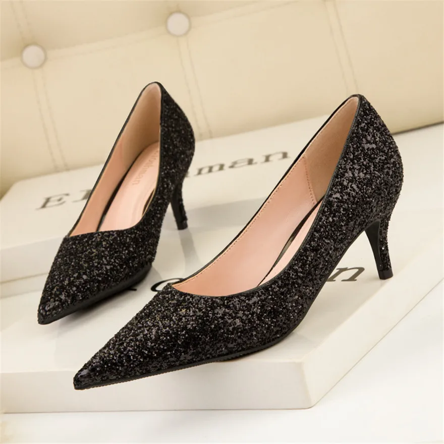 New Autumn Fashion Sequined Cloth Women Pumps Black Gold Silver Shoes High Heels 6cm Pointy Toe Ladies Office Dress Shoe Wedding