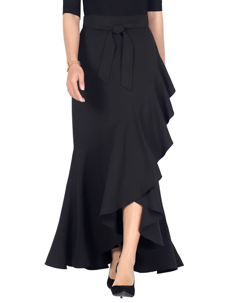 Maxi saia feminina envoltório de cintura alta, saia sereia plissada assimétrica, fundo sólido longo, elegante, verão, outono, 5XL