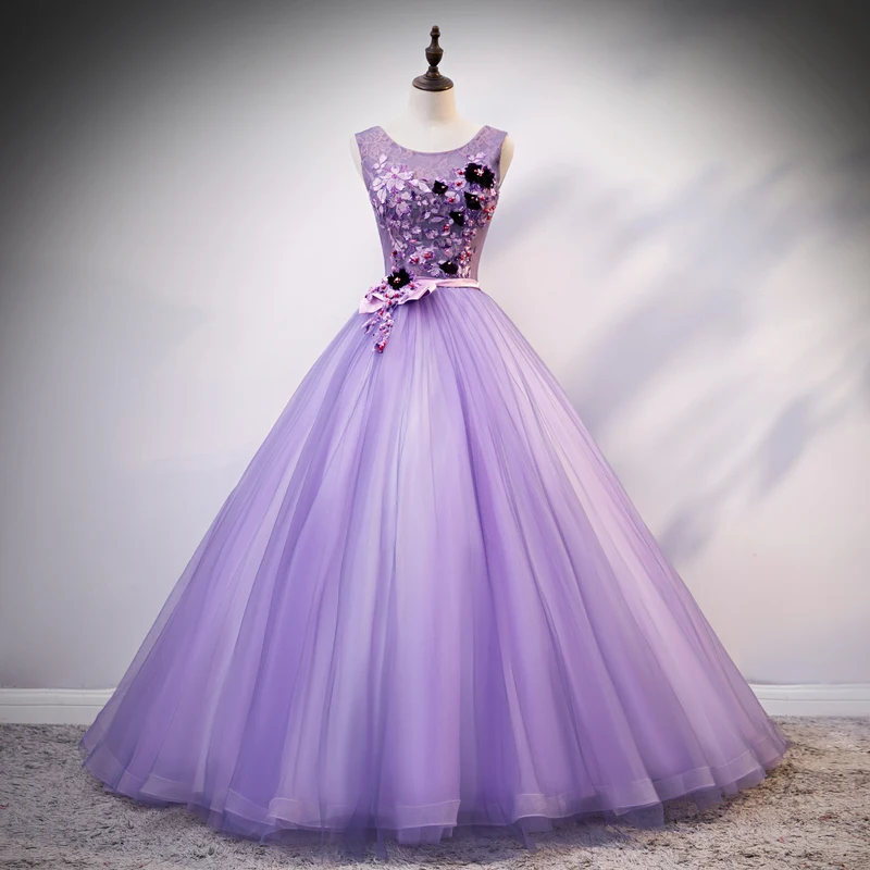 AnXin SH princess purple lace o neck beading crystal rose flower pink bow sleeveless ball gown illusion customized evening dress