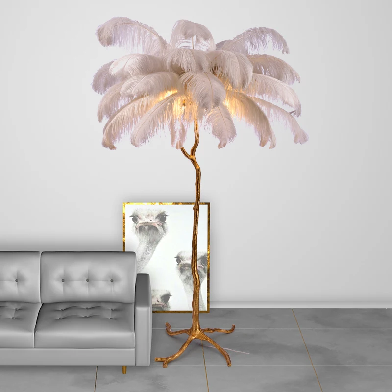 Nordic Luxury Floor Lamps Ostrich Feather Standing Lamp Modern Copper Floor Lights Living Room Bedroom Home Decor Light fixtures