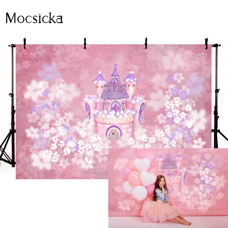 Mocsicka Child Portrait Photography Background Pink Flower Castle Decoration Baby Shower Photo Backdrops Banner
