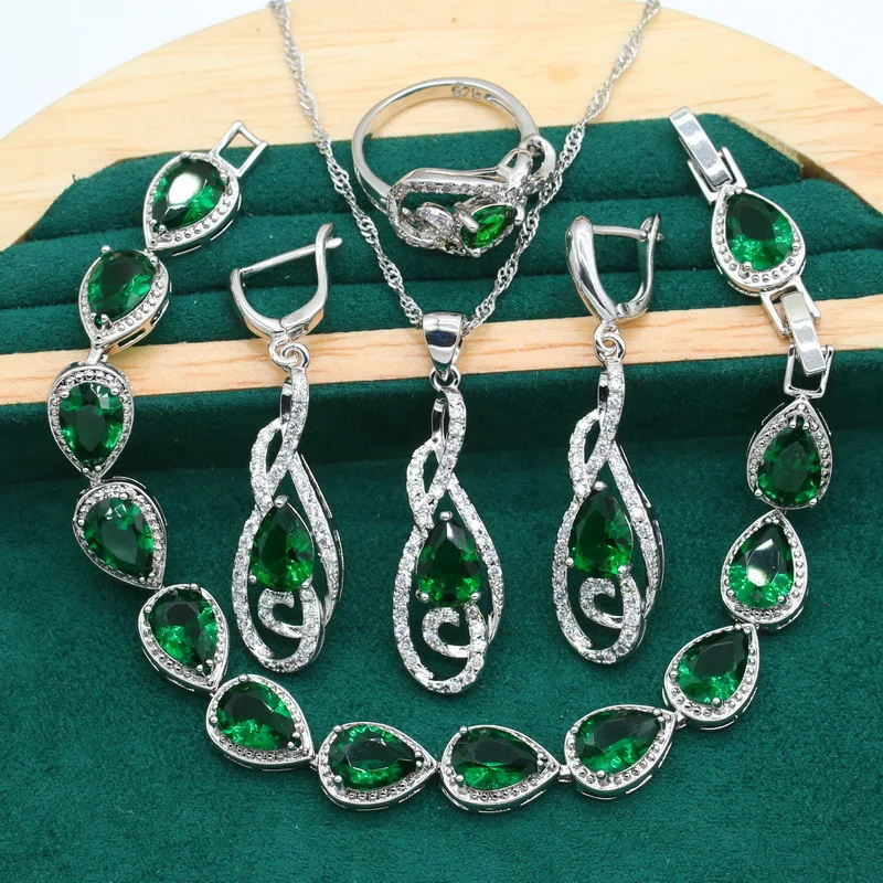 Classical Silver Color Jewelry Set for Women Wedding Bride Green Zircon Bracelet Pierced Earrings Necklace Ring Christmas Gift