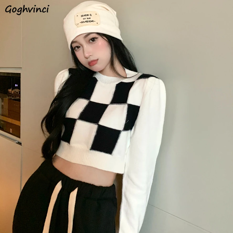 Cropped Pullovers Women Checkerboard Plaid Fashion Vintage Loose Long Sleeve Sweaters Students Streetwear Knitted Jumpers Korean