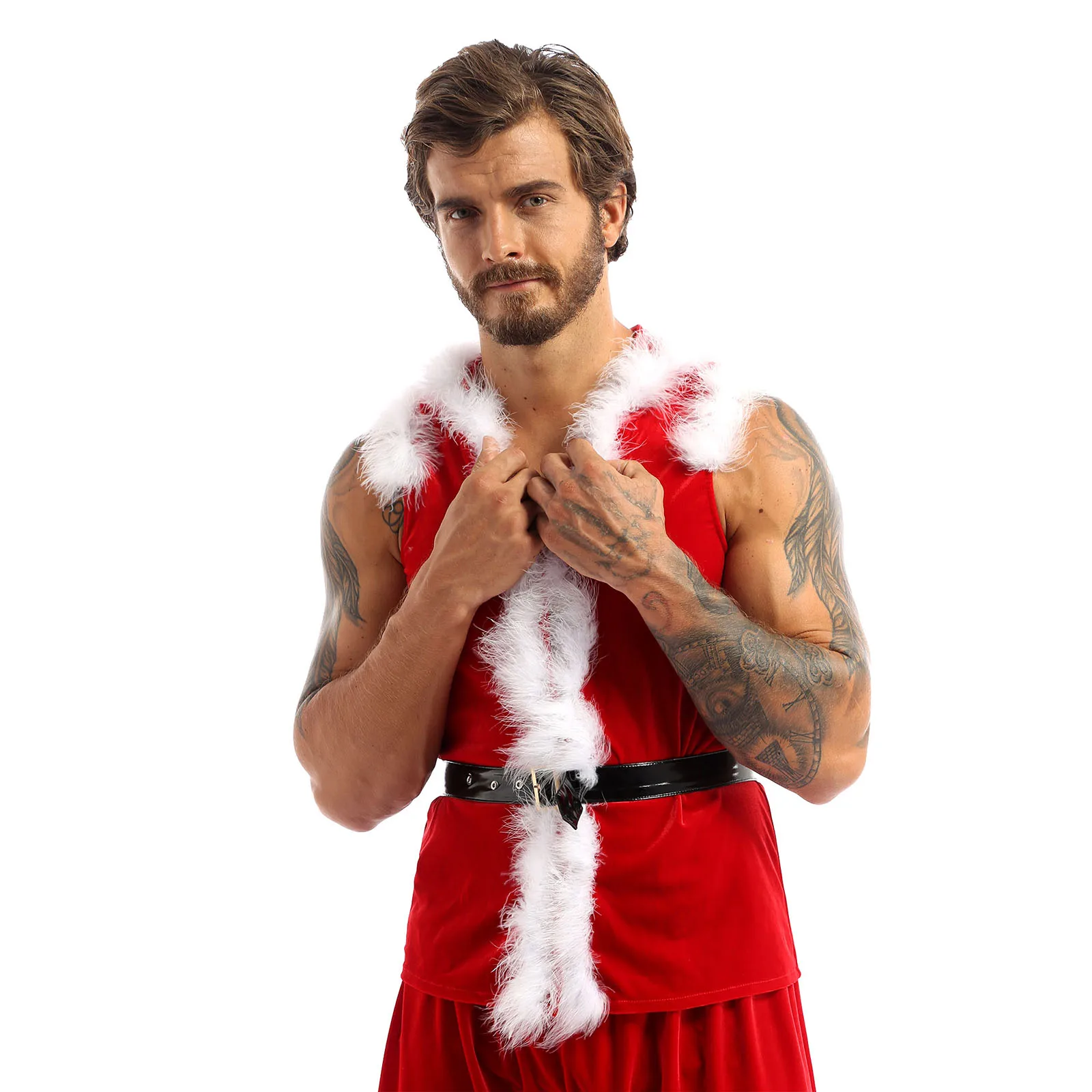 Ropa de Navidad para hombre, abrigos con capucha de terciopelo rojo, chaleco de piel sintética de Papá Noel, disfraz con cinturón, ropa de Navidad para hombre, fiesta de navidad