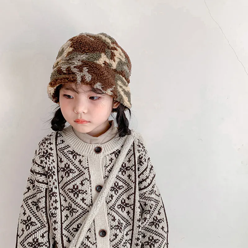 

Children Winter Plush Camouflage Peaked Hats Boys Girls Toddler Fisherman Faux Fur Warm Thermal Bucket Hats Kids Baby Sun Caps