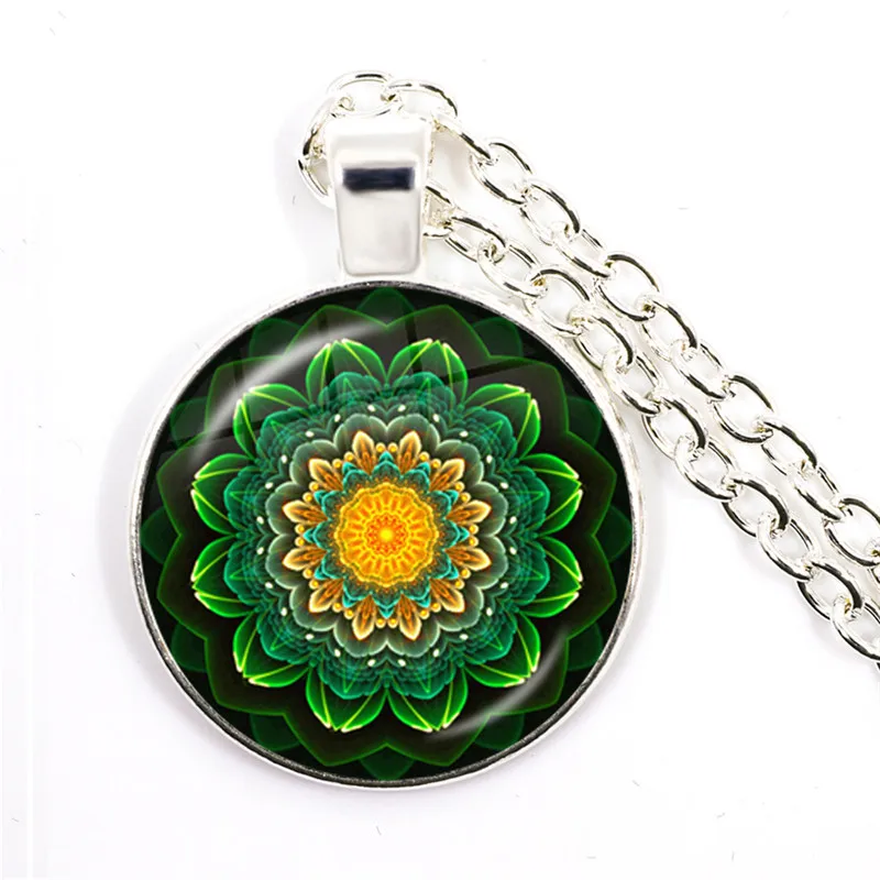 Charm Mandala Art Picture Glass Necklace Buddhism Chakra Om India Yoga Symbol Crystal Pendant Flowers Jewelry for Men Women