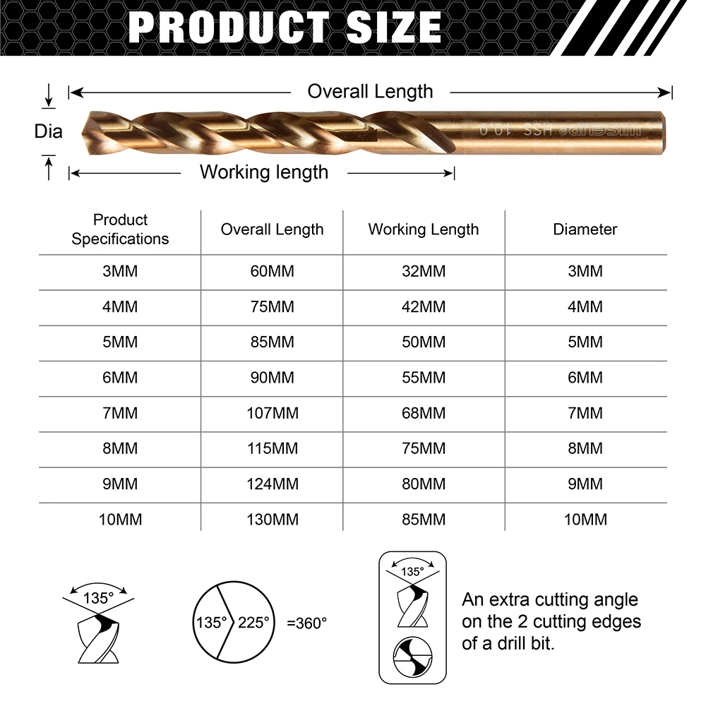 WISEUP-Juego de brocas de acero de alta velocidad, tornillo espiral, broca helicoidal métrica para Metal y madera, Multi-Function3/4/5/6/7/8/9/10mm,