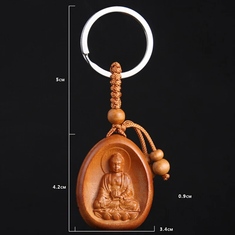 1PC Wood Carving Buddha Pendant Keychain Lucky Jewelry Buckle Unisex Chinese Buddha Keyring For Car Bag Wholesale