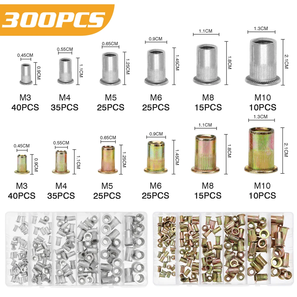 

300pcs Rivet Nut 150pcs Boxed Aluminum Rivet Nut + 150pcs Boxed Color-Plated Zinc Rivet Nut Combination Flat Head Rivet Nuts Set