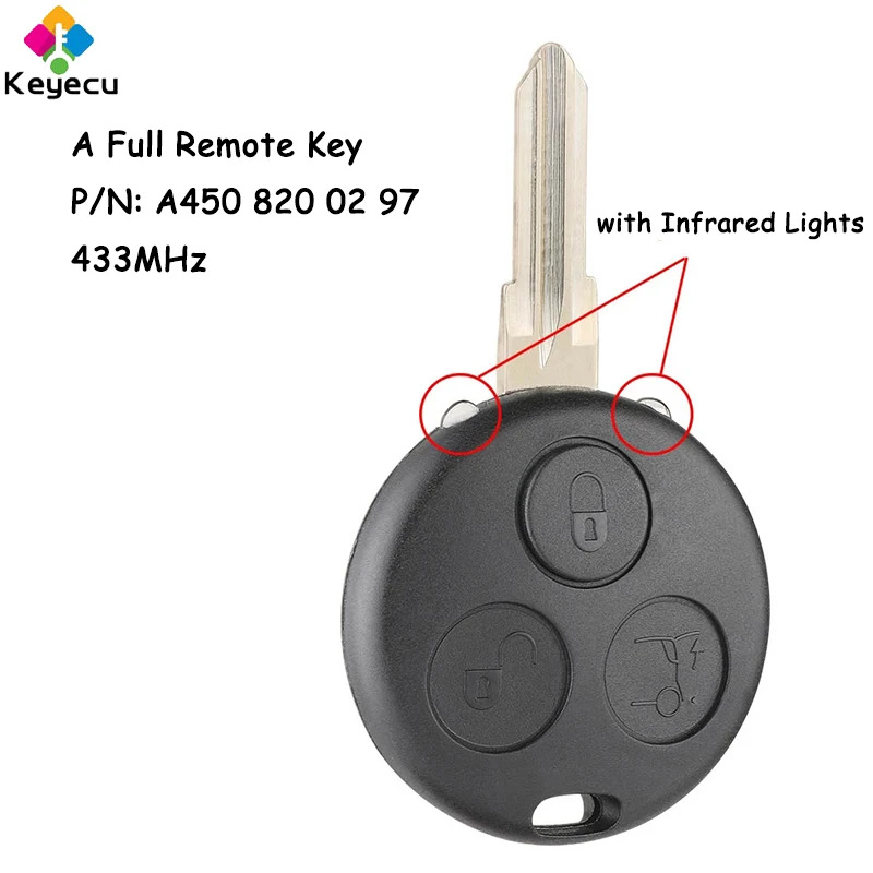 

KEYECU With 2 Infrared Lights Remote Control Car Key Fob 3 Buttons 433MHz for Smart ForTwo Passion Pulse City Roadster Forfour