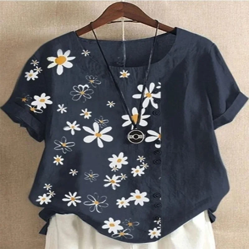 New Women Fashion 3 Color Floral Printed Round Collar Blouses Summer Casual Short Sleeve T Shirt Plus Size Loose Tops S-5XL