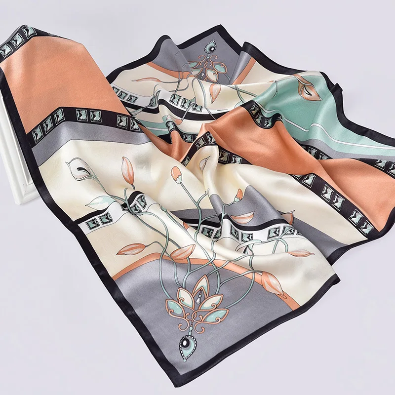 100% Natural Silk Square Scarf Women Flower Print Small Real Silk Bandana Hair Scarf Luxury Neckscarf Pure Silk Head Scarf