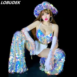 Sexy DJ Nightclub Bar Stage Wear Women Singer Dancer Costume Glitter Scale Sequins Bikini Tassel Gloves Leading Dance Outfit