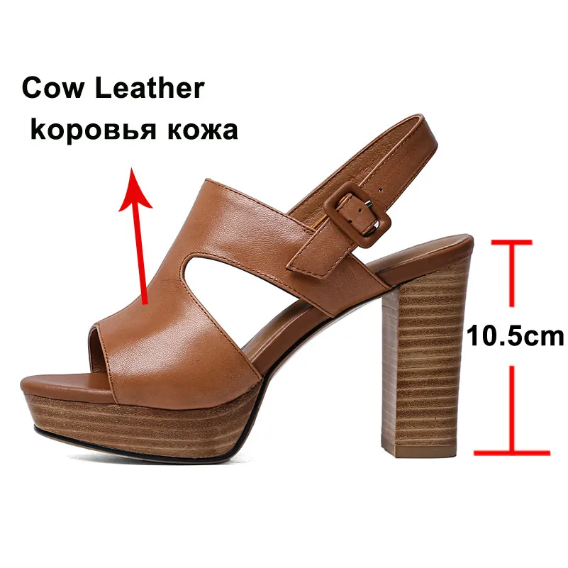 FOREADA Real Leather Sandals  Buckle Strap Thick Heels Shoes Square Toe Platform Extreme High Heels Female Party Sandals 40