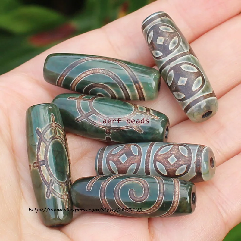 Around 8-10X28-30mm Green Ancient Tibet Dzi Agate Beads,Circle,Law wheel,Lucky Symbol,Powerful Amulet,For DIY Jewelry Making !