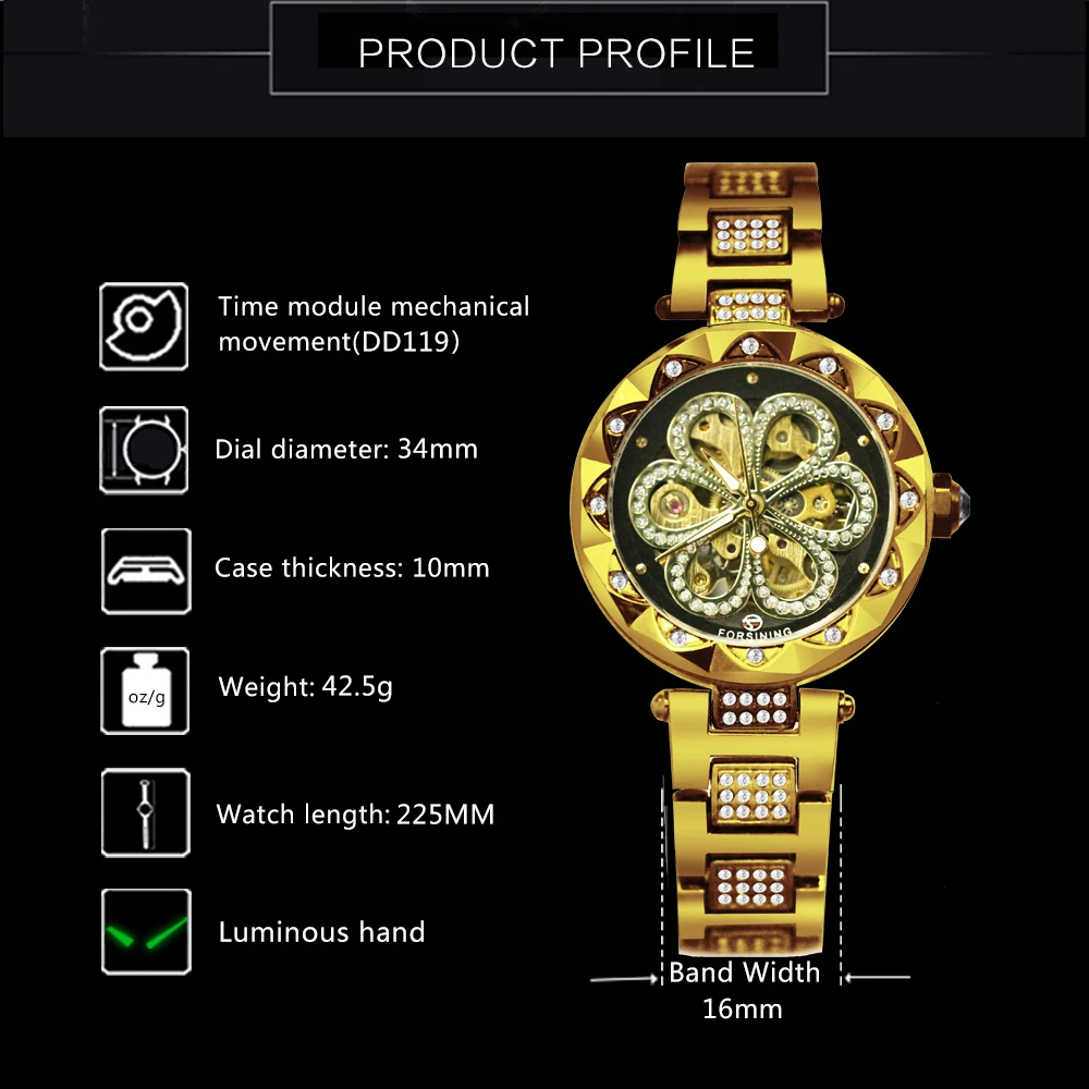 Forsining Gold Skeleton Watch for Women Fashion Diamond Luxury Automatic Mechanical Watches Luminous Hands Stainless Steel Strap