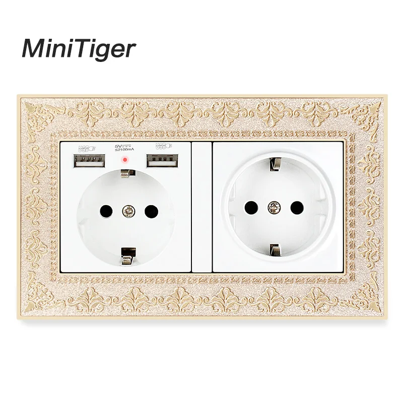 

Minitiger Double Russia Spain EU Standard Wall Socket With 2 USB Charge Port Hidden Soft LED Indicator Vintage Zinc Alloy Frame