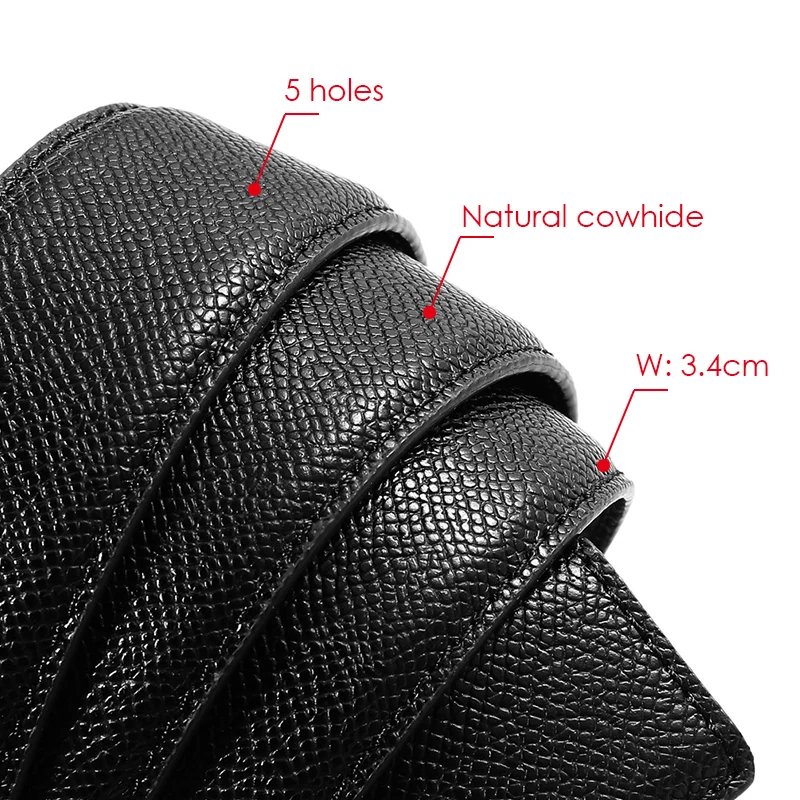 VATLTY 3.4cm Pantalon Ceinture pour Homme, Peau de Vachette Naturelle 130cm Noir Casual Ceinture Métal Solide Pin Boucle Cuir Gaines Cadeaux