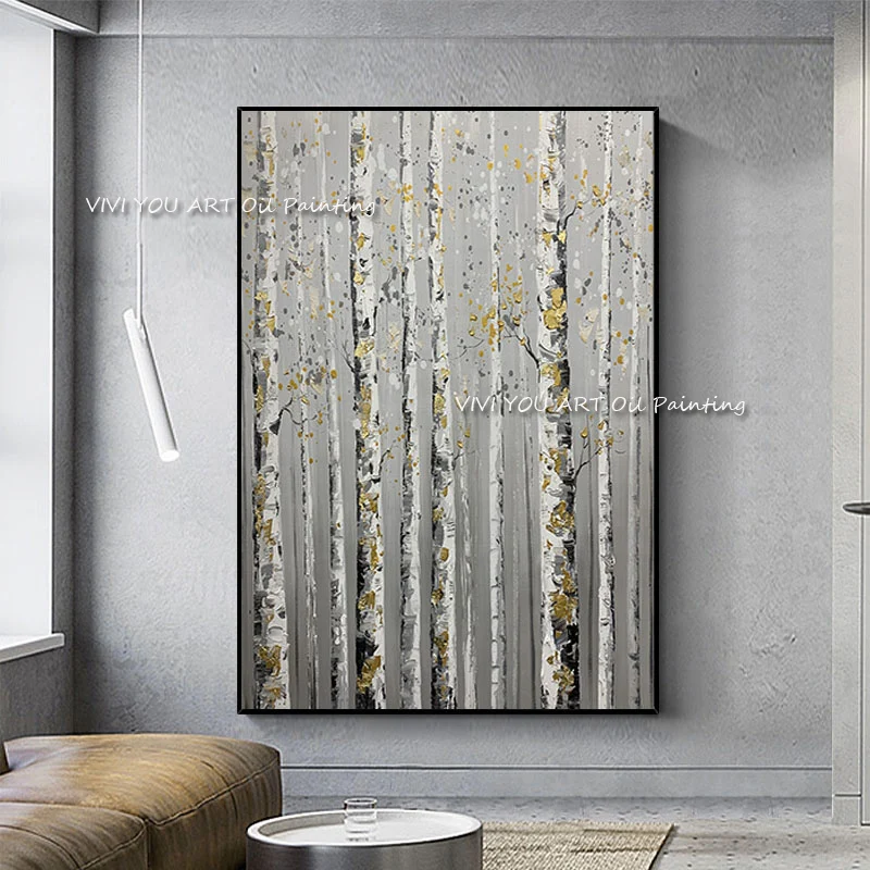 The 100% Hand Painted Abstract Forest Landscape Oil Paintings Gray Tree Wall Art Color Decorative for Bed Room Decor Frameless