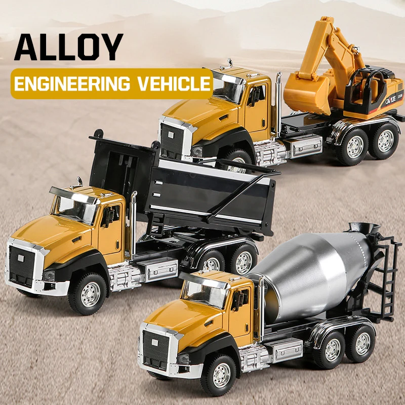 3Pcs/Set Alloy Pull Back Engineering Vehicle Set Simulation Cars Model Excavator Truck Trailer Children\'s Toys for Boy Xmas Gift