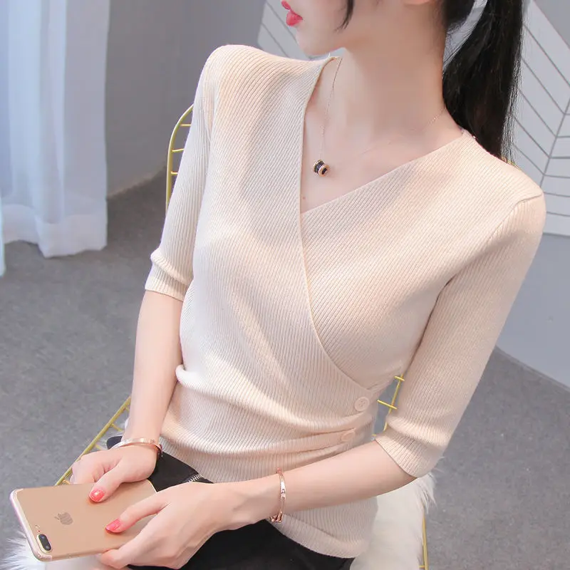 

Woman Sweaters Autumn Women's V-neck Sleeve Sweater Irregular Sweater Femme Chandails Pull Hiver