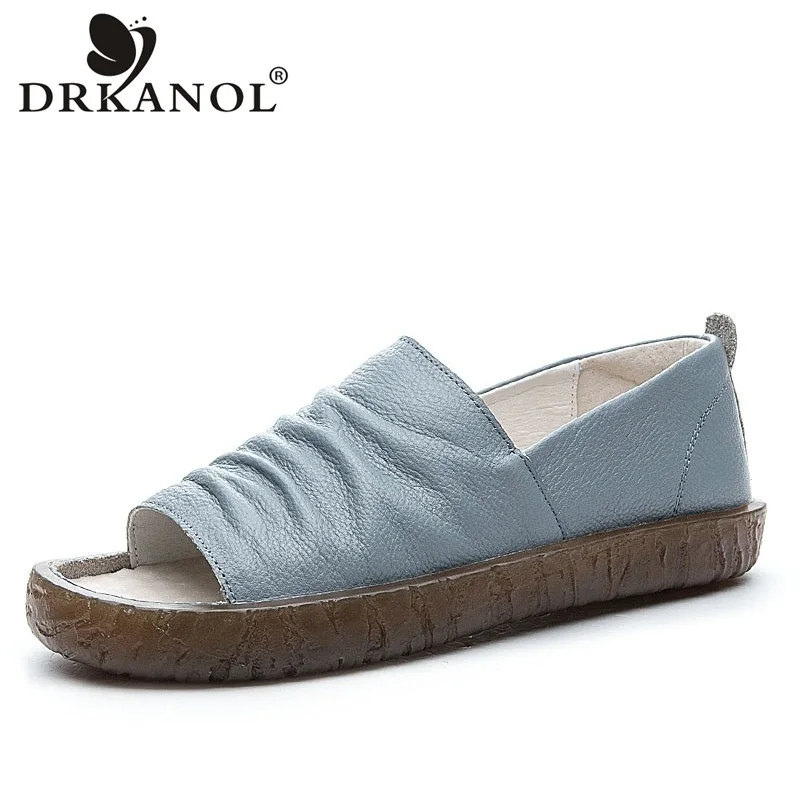 

Босоножки DRKANOL женские из натуральной кожи, мягкие сандалии с открытым носком, плиссированные, без застежки, Повседневная летняя обувь, ручная работа, плоские сандалии женские