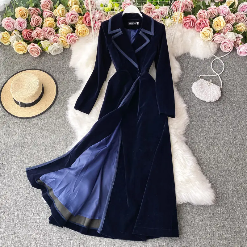 Women's Black Velvet Blazer Dress Long Over the Knee Temperament Maxi Windbreaker Jacket Slim Coat Autumn Winter Fashion M1180