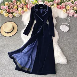 Autumn And Winter Black Velvet Blazer Dress Long Over The Knee Fashion Temperament Maxi Windbreaker Jacket Women Slim Coat M1180