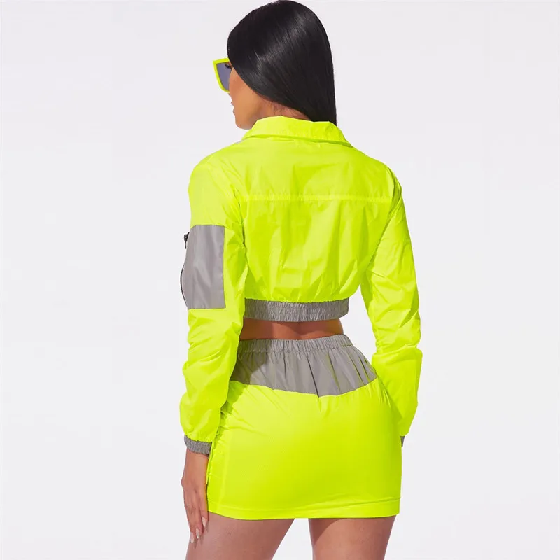 Sexy Neon Reflective Women\'s Two Piece Set Streetwear Bandage Zipper Jacket Crop Top + Mini Skirt Pink Club Matching Outfit Suit