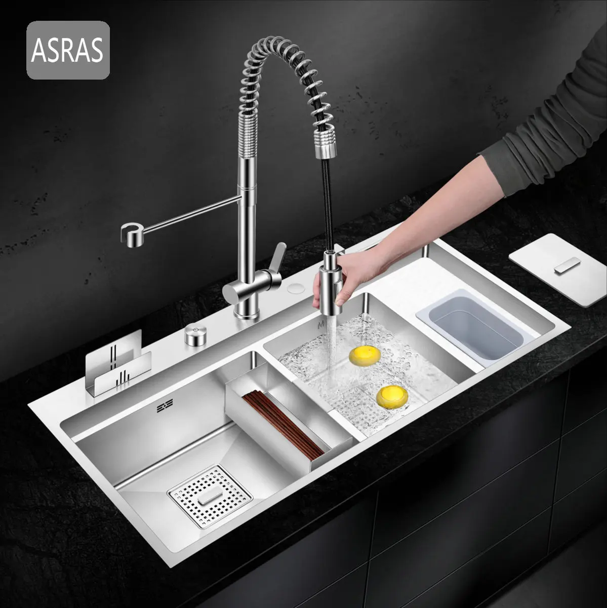 Asras 9848L Handmade Kitchen Sink Set with Rapid Drainage 304 Stainless Steel  Double Sink with Multi-functional Faucet