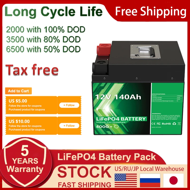 12V 140Ah LiFePO4 Battery Pack Lithium Ion Battery Solar Rechargeable 4000 Deep Cycle Built-in BMS For Home Storage FREE TAX