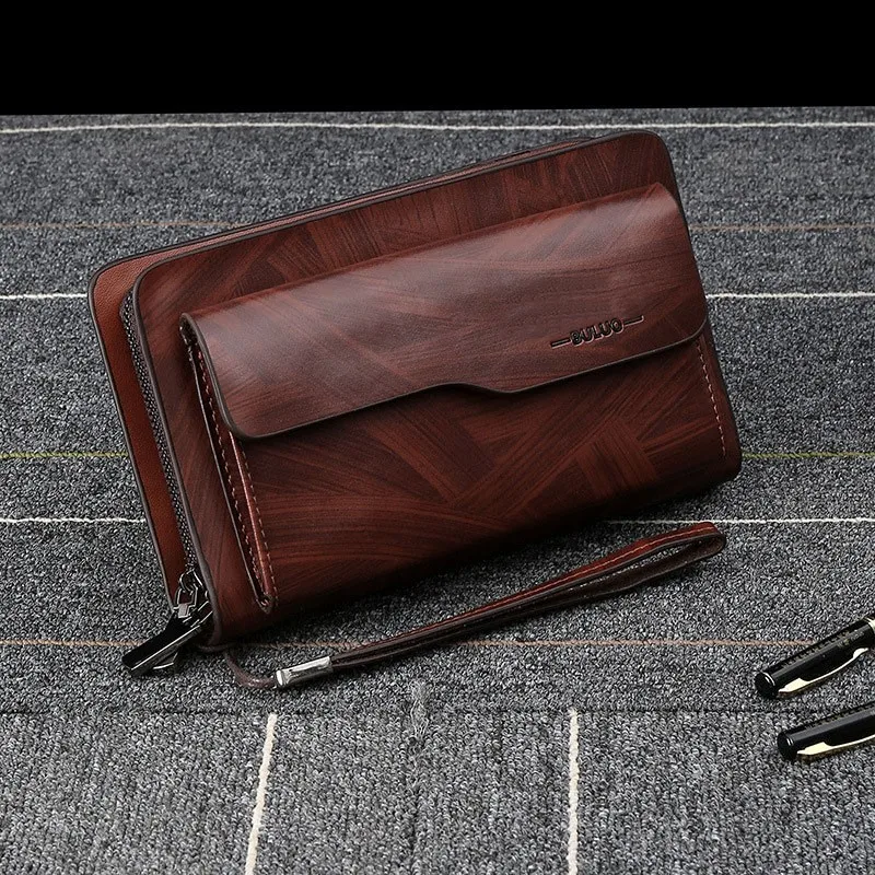 Men\'s Leather Wallet Luxury Brand Clutch Bag  Long Purse Double Zipper Money Clip Black Business Organizer Wallet Male Handy Bag