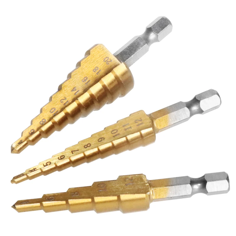 

Step Drill Bit 3-12mm 4-12mm 4-20mm HSS Straight Groove Titanium Coated Wood Metal Hole Cutter Drilling Power Tools Set