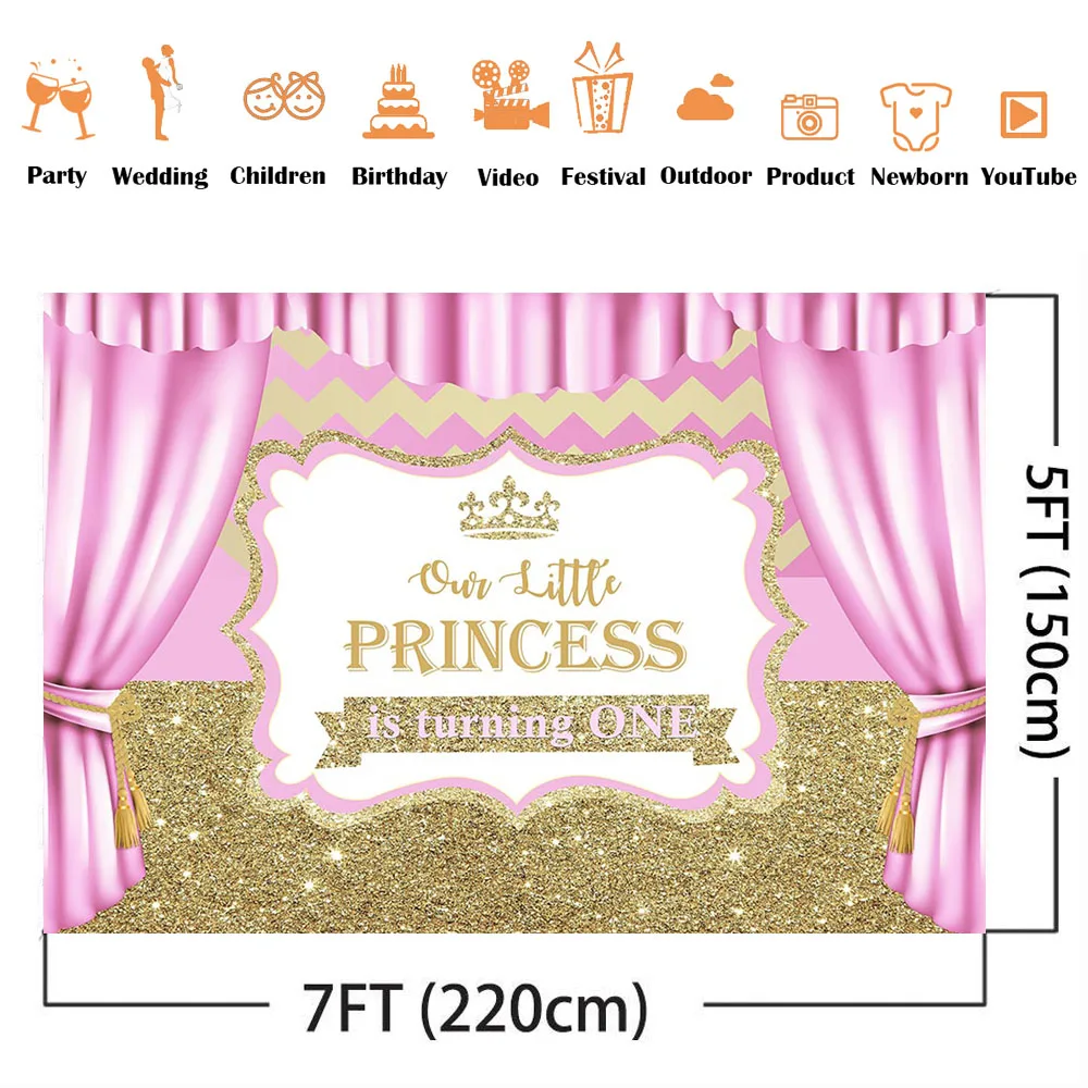 1st วันเกิดสีชมพู Curtrain พื้นหลัง Gold Glitter เจ้าหญิงน้อยฉากหลังสำหรับทารกแรกเกิด Photoshoot ภาพฉากหลัง