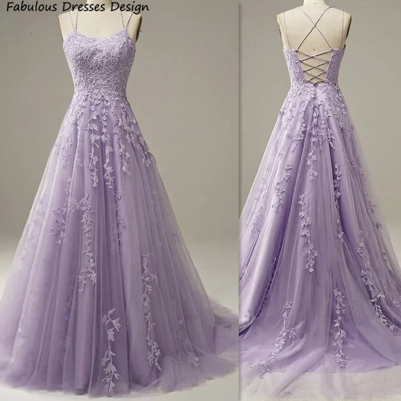 Lavender Tulle Applique Lace Bridesmaid Dresses 2023 Long A-line Criss Cross Backless Wedding Party Dress For Women Prom Gown