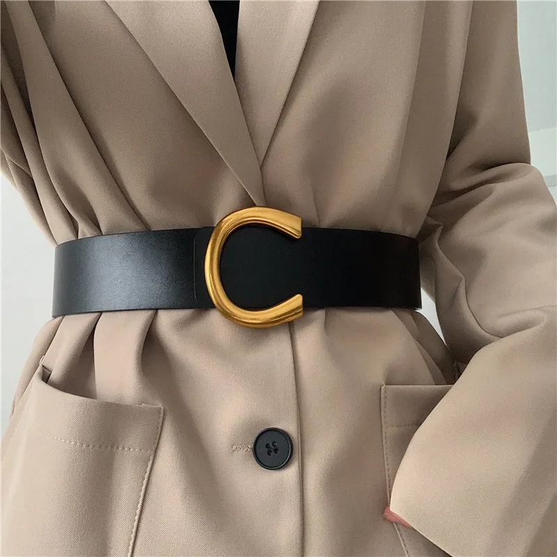 

Women PU Leather Wide Belt Metal C Buckle Waist Strap Designer Brand Coat Dress Dress All-match Ladies Decorative Waistband