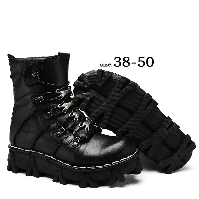 Men\'s Genuine Leather Motorcycle Boots,Gothic Skull Boots,Punk Ankle Desert Boots Winter Fashion Combat Boots Work & Safet Boots