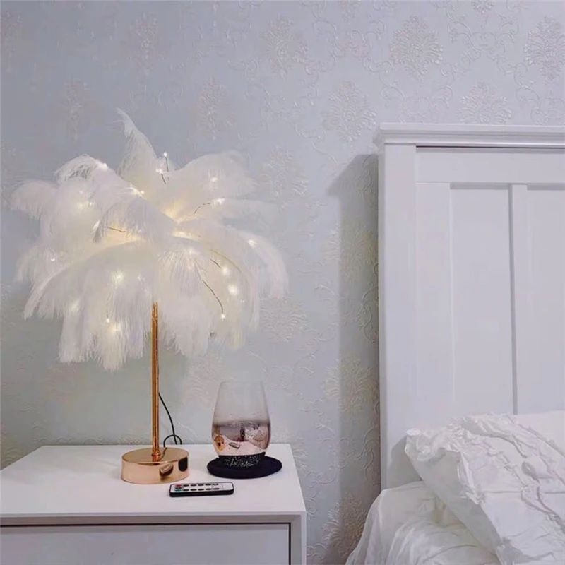 Bedroom Fairy light Feather Table Lamp DIY Creative Warm Light Tree Feather Lampshade Wedding Decor Home Bedroom Decor Christmas