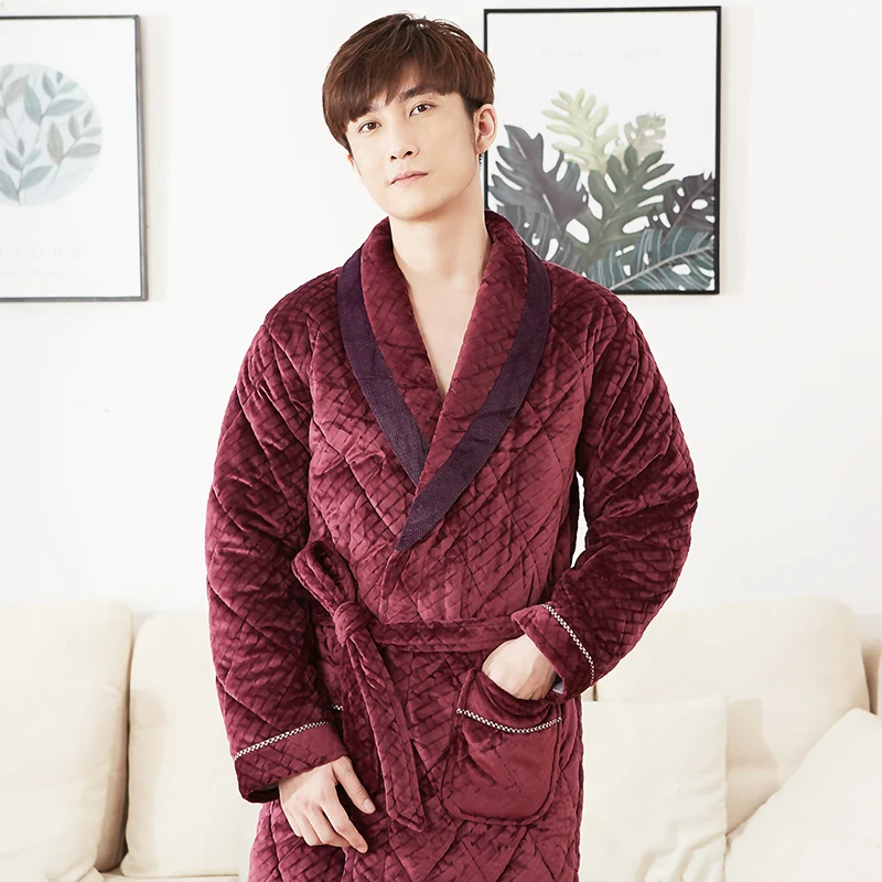 Winter male gowns thick quilted roupao de banho warm bathrobe men high quality gray velvet cotton padded brand pajamas male robe