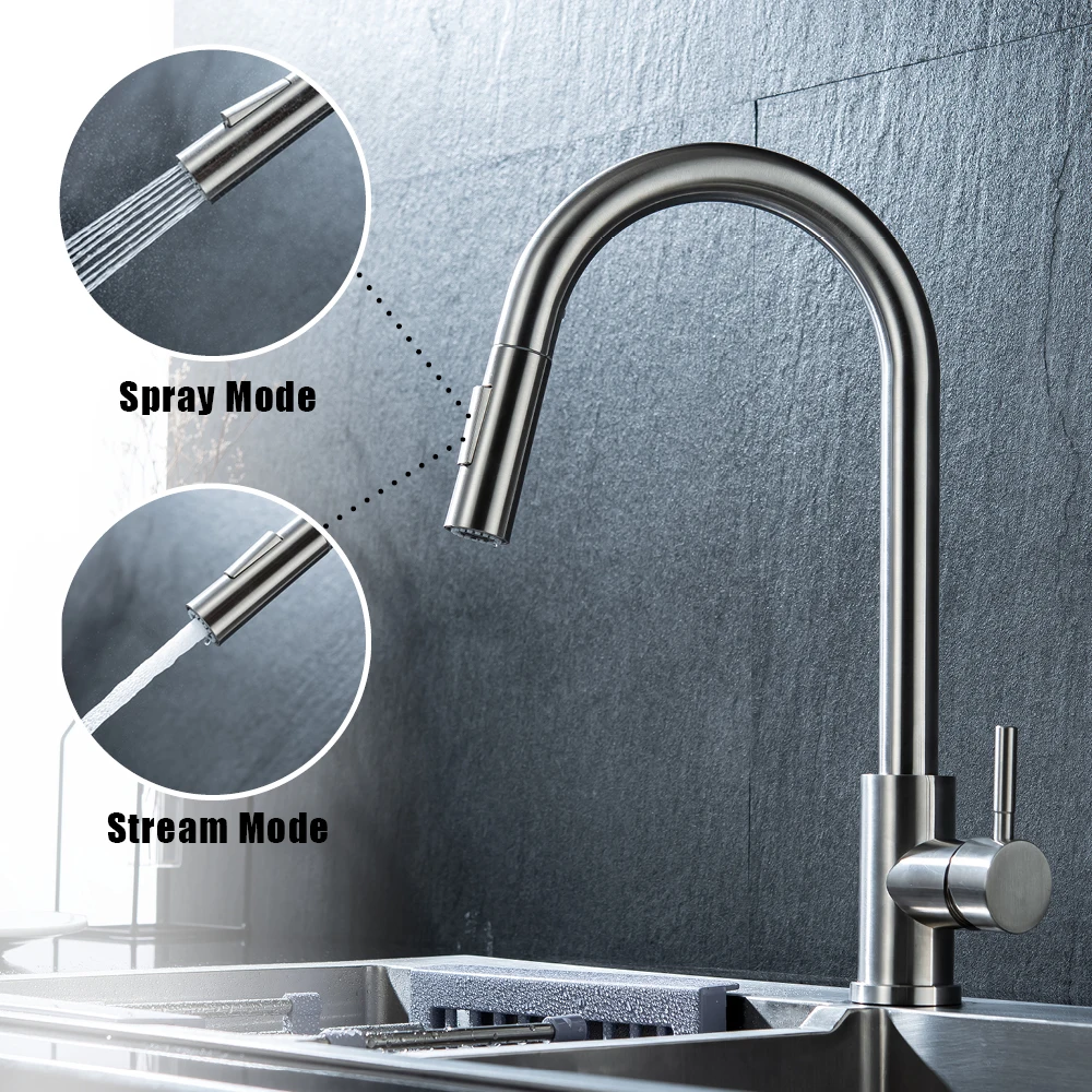 Pull Down Kitchen Sink Faucet Lead-free Stainless Steel Sink Faucet 360 Swivel High Arc Single Handle Commercial Kitchen Faucets