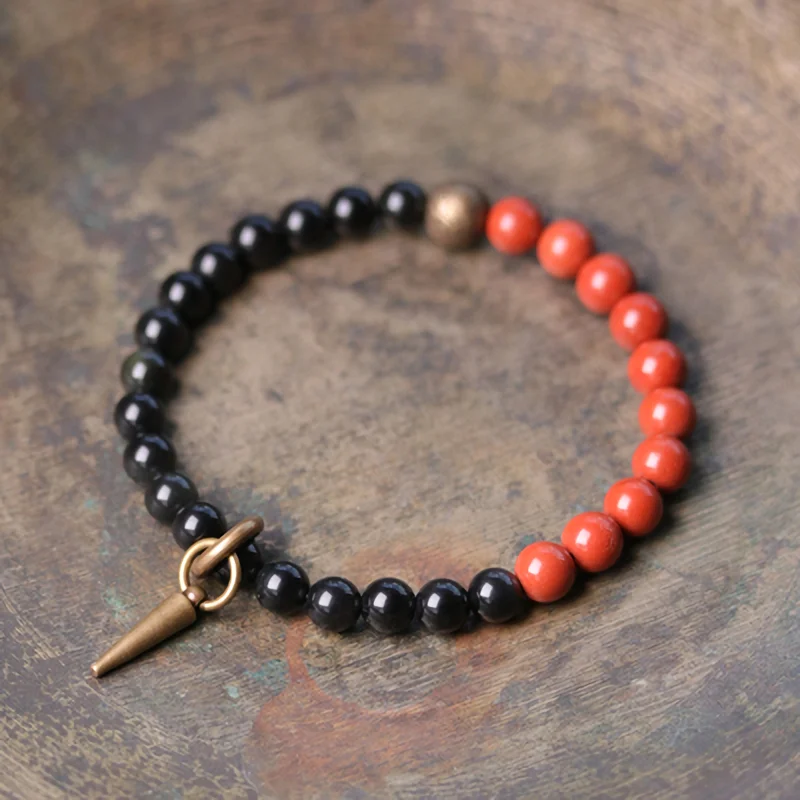 Red Natural Stone Moss Ocean Multi Color Mixed Beaded Strand Bracelet Copper Vajar Charm Black Obsidian Dainty Jewelry