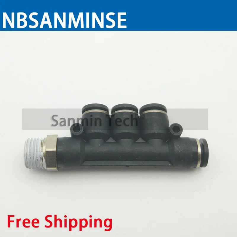 NBSANMINSE 10pcs/lot PKD Five Way One Thread Pneumatic Fitting M5 1/8 1/4 3/8 1/2 R Thread Hose Plastic Brass Fitting