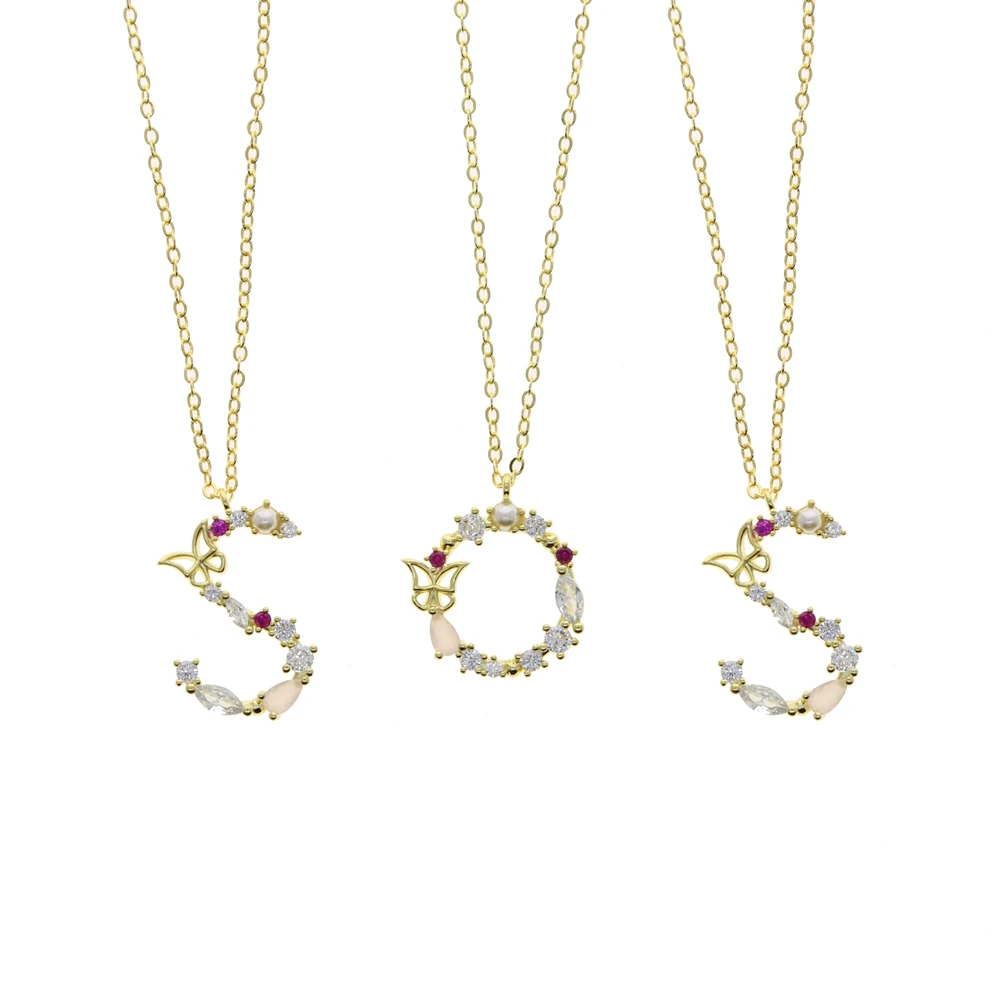 ربيع جديد ملون حجر اللؤلؤ تشيكوسلوفاكيا فراشة محفورة 26 الأولي الذهب اللون اسم الأبجدية رسالة قلادة قلادة #6