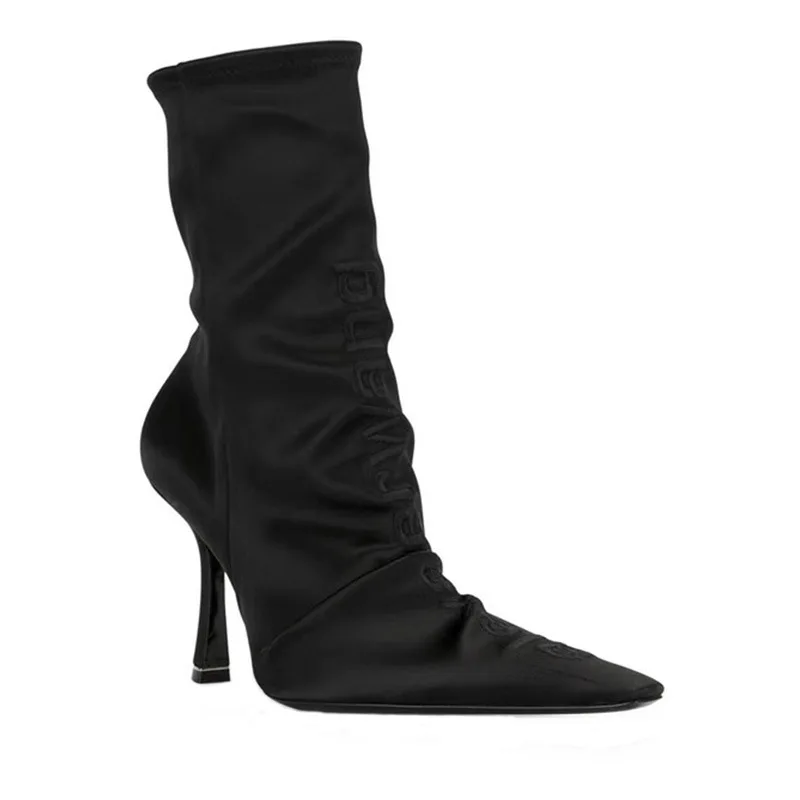 

2022 Fashion Mid-calf Shoes Women Elastic Cloth Square Toe Stiletto High Heel Boots Autumn Printing Zipper Boots