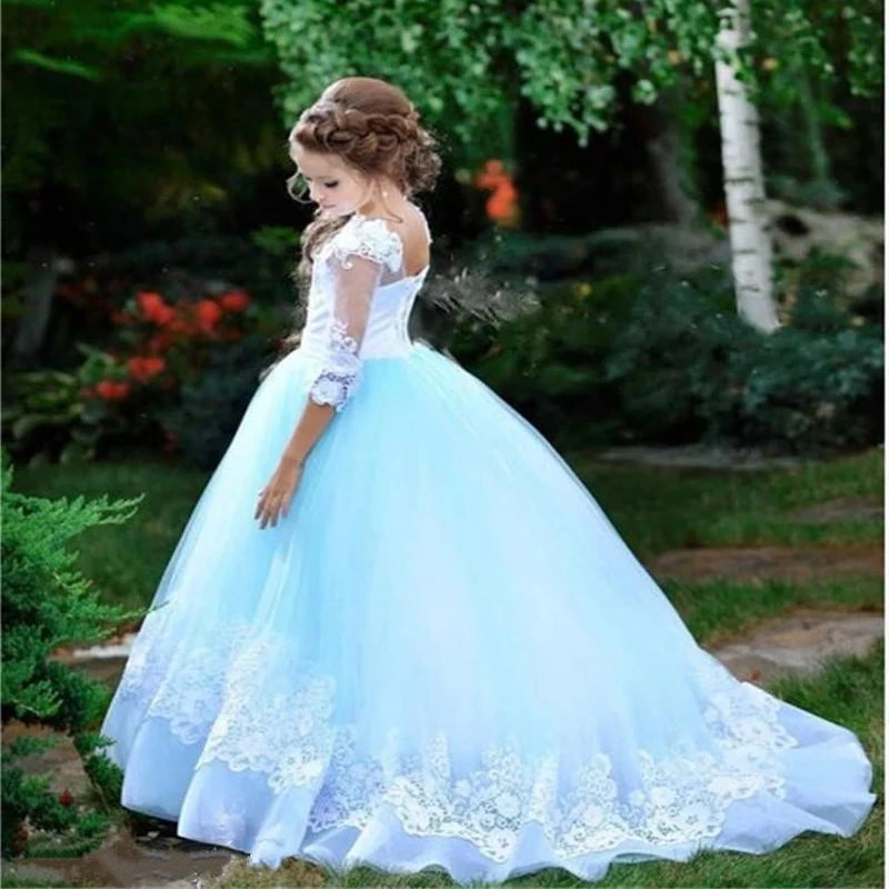 ลูกไม้ชุดเดรสดอกไม้ Sheer คอ Tulle เล็กๆน้อยๆสาววันเกิดชุด Communion ประกวด Gowns